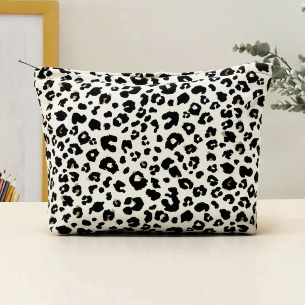 White Leopard Print Cosmetic Bag Chic Travel Pencil Pouch Makeup Bag